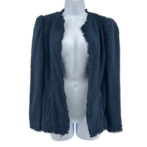 Rebecca Taylor Tweed Jacket Womens‎ 4 Navy Blue Open Front Fringed Office Chic